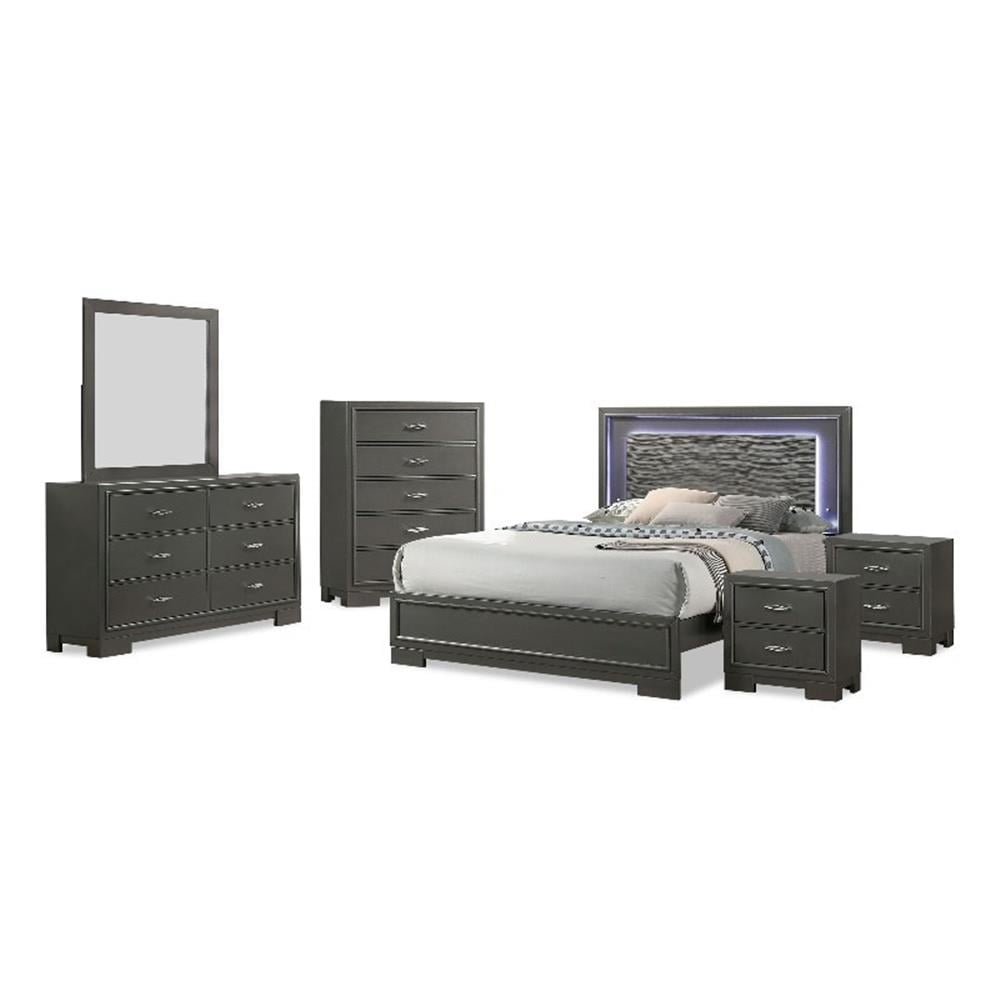FOA Santi 6pc Gray Wood Bedroom Set- Cal King+2 Nightstands+Chest+Dresser+Mirror
