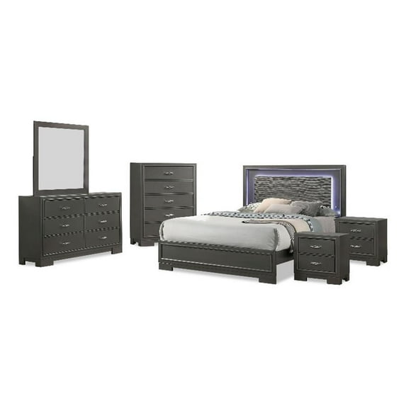 FOA Santi 6pc Gray Wood Bedroom Set- Cal King+2 Nightstands+Chest+Dresser+Mirror