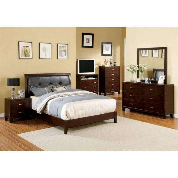 FOA Sirius 4pc Brown Solid Wood Bedroom Set-King + Nightstand + Dresser + Mirror