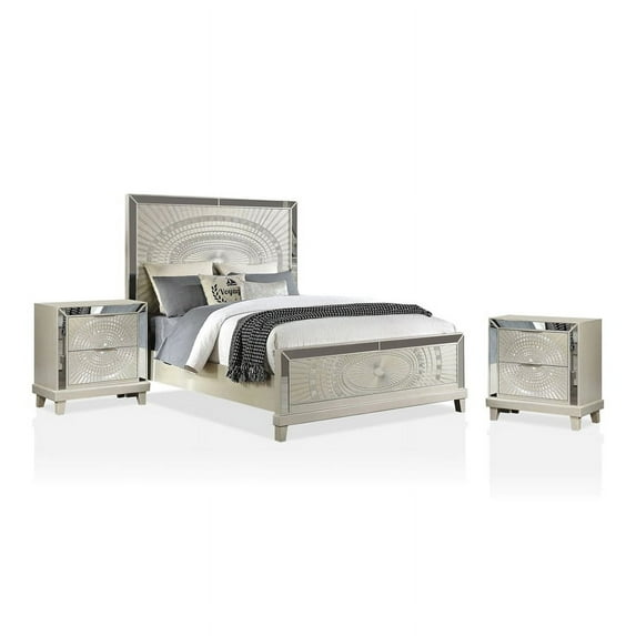 FOA Suie Glam 3-Piece Champagne Wood Bedroom Set - Cal King + 2 Nightstands