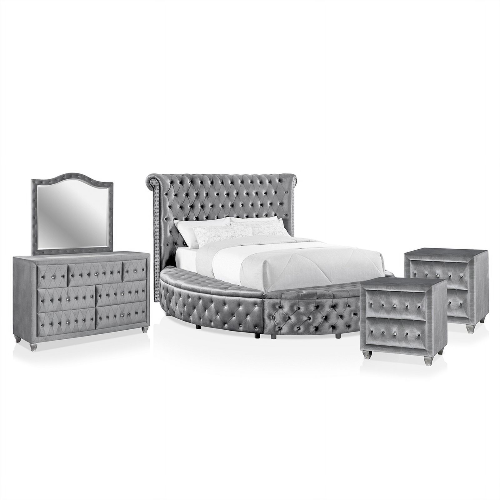 FOA Vriam 5pc Gray Fabric Bedroom Set King+2 Nightstands+Dresser+Mirror