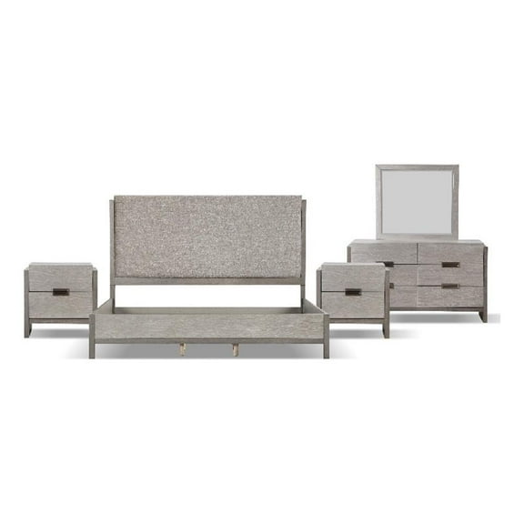 FOA Yasgard 5pc Gray Wood Bed Set - King + 2 Nightstands + Dresser + Mirror