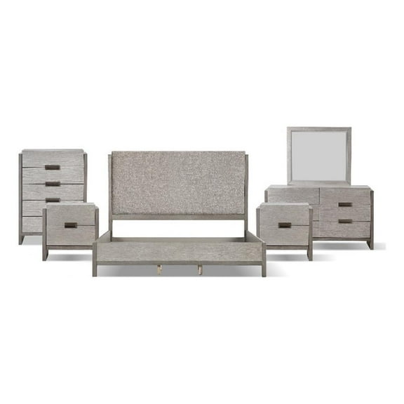FOA Yasgard 6pc Gray Wood Bed Set - Queen+2 Nightstands+Chest+Dresser+Mirror