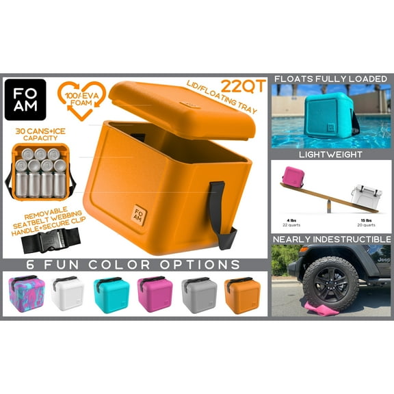 FOAM  22 Quart EVA Lightweight Hybrid Rigid-Soft Indestructible Cooler, Holds 30 Cans & Ice Citrus Orange