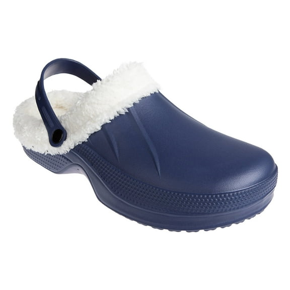 FOAMWALK Men's Comfy and Soft Solid Clogs with Sherpa Lining - Fluffy Clogs for Men, Navy Blue 7/8