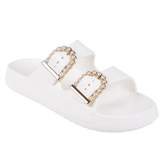 FOAMWALK Women's Double Buckle Slide Sandals, Comfortable Casual Beach Slides