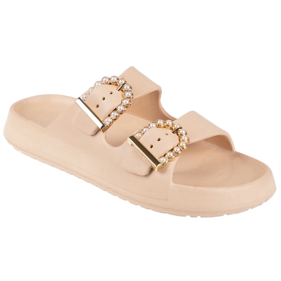 FOAMWALK Women's Double Buckle Slide Sandals, Comfortable Casual Beach Slides
