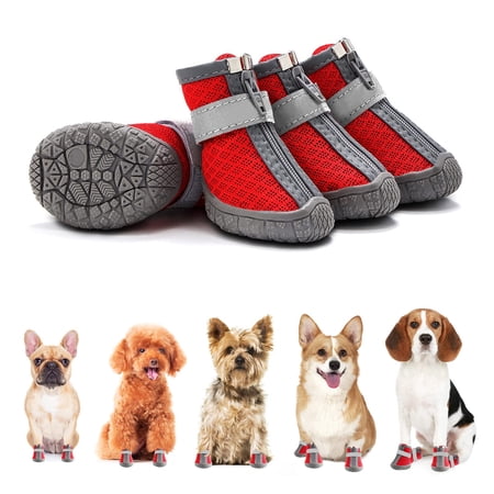 FOAUUH Dog Shoes for Small Dogs Boots, Breathable Dog Booties Paw Protector for Outdoor Walking, Puppy Shoes with Reflective Strips Rugged Anti-Slip Sole 4PCS/Set(Red)1#