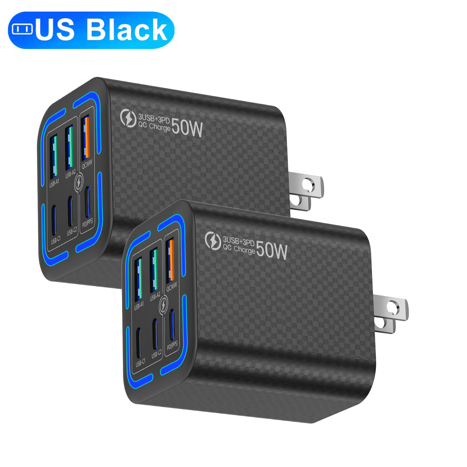 FOBIANJIE-50W USB-C and USB-A wall charger, Type-C charger, six-port cube design power adapter, multi-port plug, white/black/yellow – compatible with iPhone, iPad, AirPods, Samsung Galaxy, Note, Pixe