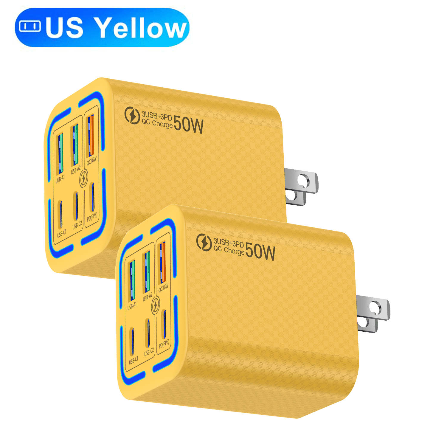 FOBIANJIE-50W USB-C and USB-A wall charger, Type-C charger, six-port cube design power adapter, multi-port plug, white/black/yellow – compatible with iPhone, iPad, AirPods, Samsung Galaxy, Note, Pixe