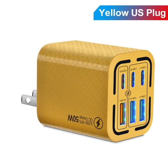 FOBIANJIE-50W USB-C and USB-A wall charger, Type-C charger, six-port cube design power adapter, multi-port plug, white/black/yellow – compatible with iPhone, iPad, AirPods, Samsung Galaxy, Note, Pixe