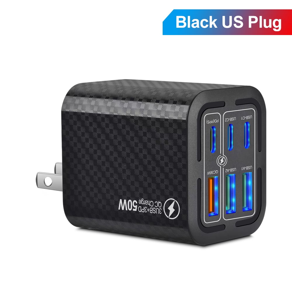 FOBIANJIE-50W USB-C and USB-A wall charger, Type-C charger, six-port cube design power adapter, multi-port plug, white/black/yellow – compatible with iPhone, iPad, AirPods, Samsung Galaxy, Note, Pixe