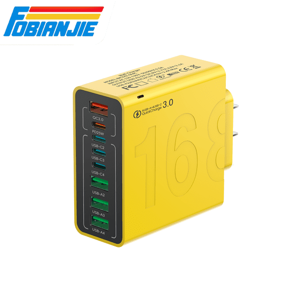 FOBIANJIE - Eight-Port USB-C and USB-A Wall Charger, Type-C Charger, Cubic Design Power Adapter, Multi-Port Plug, White/Black/Yellow – Compatible with iPhone, iPad, AirPods, Samsung Galaxy, Note, Pix