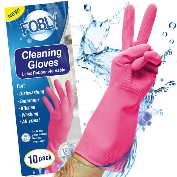 FOBLY 10 Pairs Reusable Cleaning Gloves - Natural Rubber Latex Dishwashing Gloves - Dish Gloves - Kitchen Gloves for Washing Dishes - Rubber Gloves