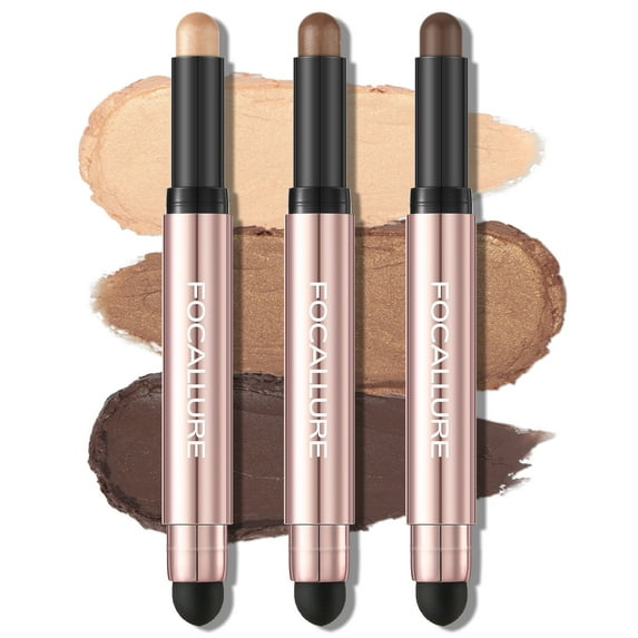 FOCALLURE 3 Pcs No Crease Shimmer & Matte Eyeshadow Sticks with Blending Sponge Brush,July In Seattle