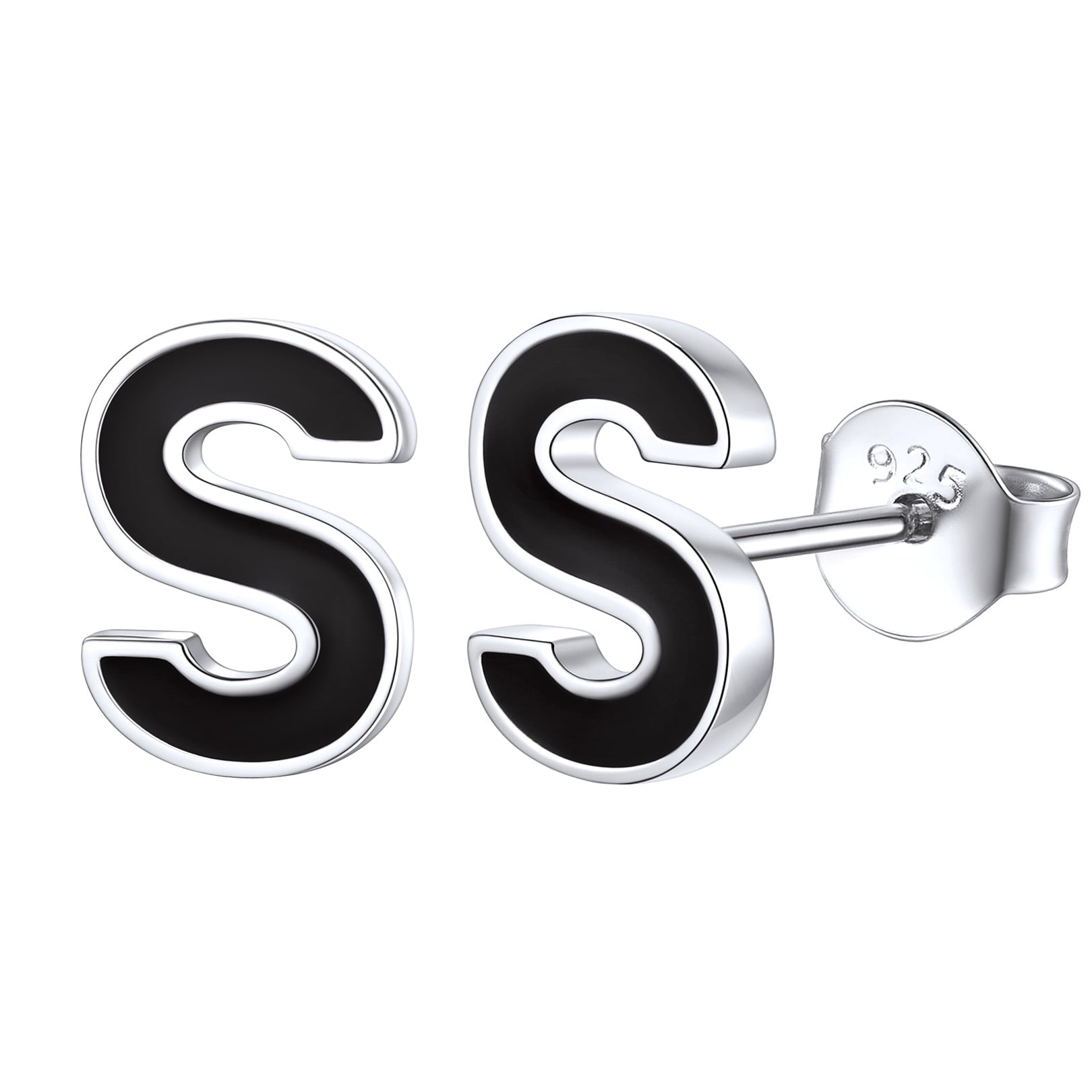 FOCALOOK 925 Sterling Silver Initial Earrings for Women Dainty Black Tiny Cute Letter S Hypoallergenic Minimalist Stud Earrings Jewelry Gift