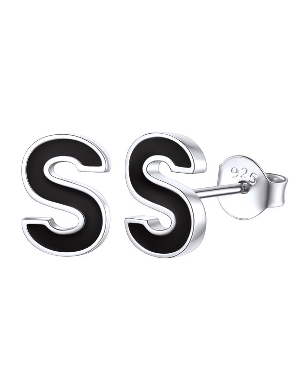 925 Sterling Silver Initial Earrings for Women Dainty Black Tiny Cute Letter S Hypoallergenic Minimalist Stud Earrings Jewelry Gift
