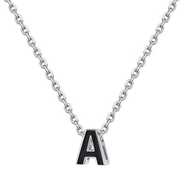 FOCALOOK 925 Sterling Silver Initial Necklace for Women Dainty Black Tiny Cute Letter A Pendant Choker Necklace Jewelry Gift 16inch