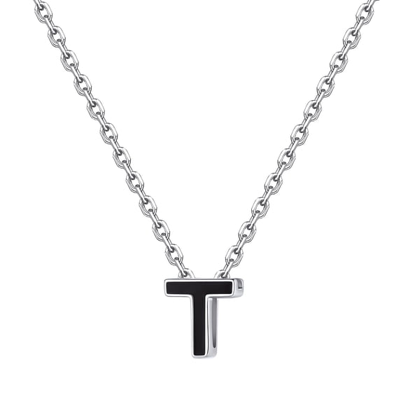 FOCALOOK 925 Sterling Silver Initial Necklace for Women Dainty Black Tiny Cute Letter T Pendant Choker Necklace Jewelry Gift 16inch