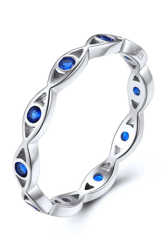 925 Sterling Silver Ring for Women Stackable Evil Eye Band Rings with Blue Cubic Zirconia Braided Engagement Promise Statement Ring Size 8