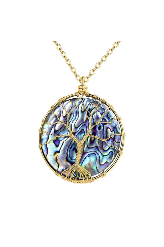 Abalone Shell Necklace for Women Wire Wrapped Tree of Life Necklace Round Paua Shell Pendent Boho SUmmer Beach Party Birthday Jewelry Gift Gold Plated