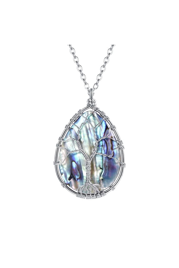 Abalone Shell Necklace for Women Wire Wrapped Tree of Life Necklace Tear Drop Paua Shell Pendent Boho SUmmer Beach Party Birthday Jewelry Gift Silver