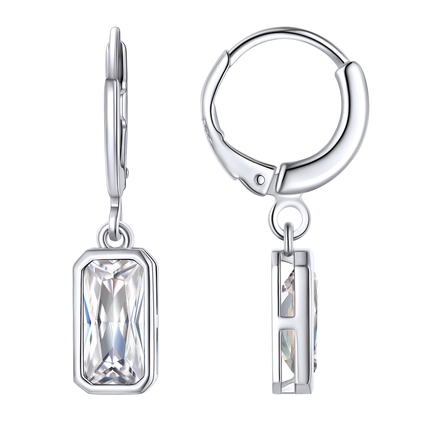 FOCALOOK Birthstone Dangle Hoop Earrings for Women Sterling Silver Square Cubic Zirconia April Created Diamond Leverback Huggie Drop Earrings Birthday Valentines Day Jewelry Gift