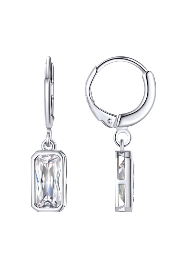 Birthstone Dangle Hoop Earrings for Women Sterling Silver Square Cubic Zirconia April Created Diamond Leverback Huggie Drop Earrings Birthday Valentines Day Jewelry Gift