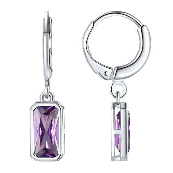 FOCALOOK Birthstone Dangle Hoop Earrings for Women Sterling Silver Square Cubic Zirconia June Purple Alexandrite Leverback Huggie Drop Earrings Birthday Mothers Day Jewelry Gift