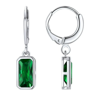 FOCALOOK Birthstone Dangle Hoop Earrings for Women Sterling Silver Square Cubic Zirconia May Green Emerald Leverback Huggie Drop Earrings Birthday Mothers Day Jewelry Gift