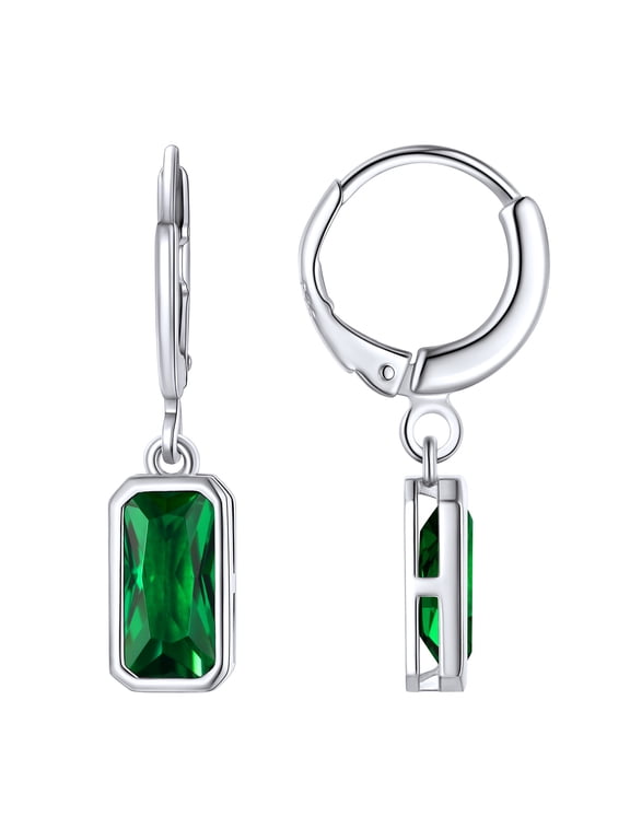 Birthstone Dangle Hoop Earrings for Women Sterling Silver Square Cubic Zirconia May Green Emerald Leverback Huggie Drop Earrings Birthday Mothers Day Jewelry Gift
