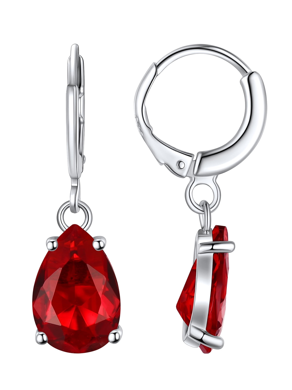 FOCALOOK Birthstone Dangle Hoop Earrings for Women Sterling Silver Teardrop Cubic Zirconia January Red Garnet Leverback Huggie Drop Earrings Birthday Valentines Day Jewelry Gift