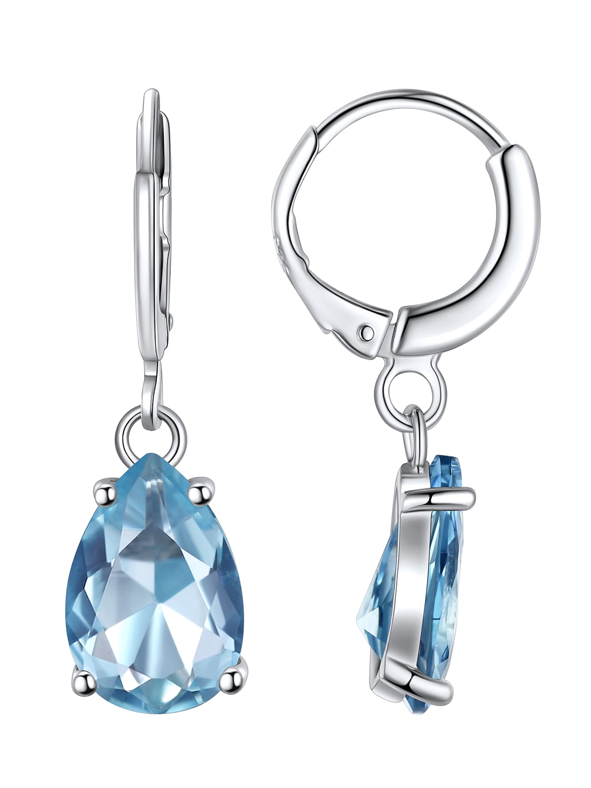 FOCALOOK Birthstone Dangle Hoop Earrings for Women Sterling Silver Teardrop Cubic Zirconia March Blue Aquamarine Leverback Huggie Drop Earrings Birthday Valentines Day Jewelry Gift