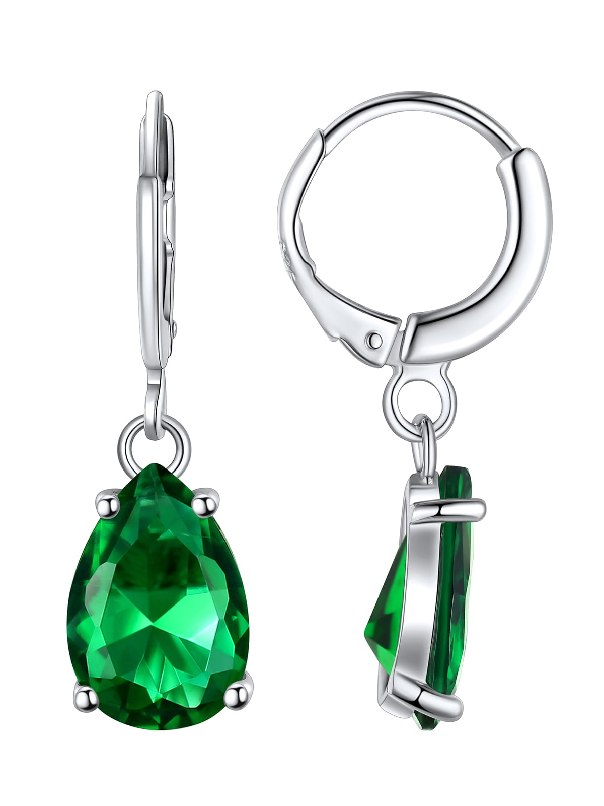 FOCALOOK Birthstone Dangle Hoop Earrings for Women Sterling Silver Teardrop Cubic Zirconia May Green Emerald Leverback Huggie Drop Earrings Birthday Mothers Day Jewelry Gift