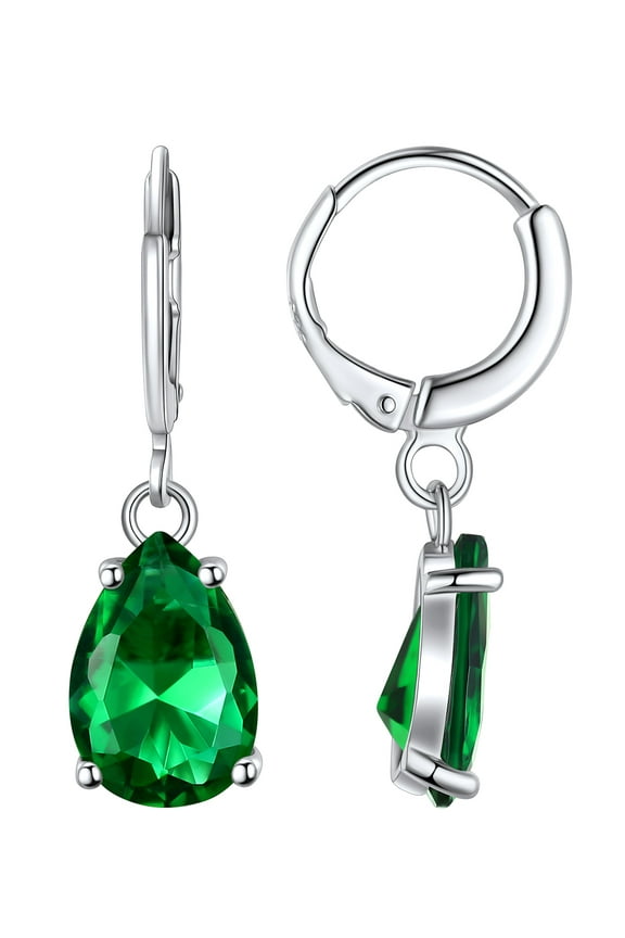 Birthstone Dangle Hoop Earrings for Women Sterling Silver Teardrop Cubic Zirconia May Green Emerald Leverback Huggie Drop Earrings Birthday Mothers Day Jewelry Gift
