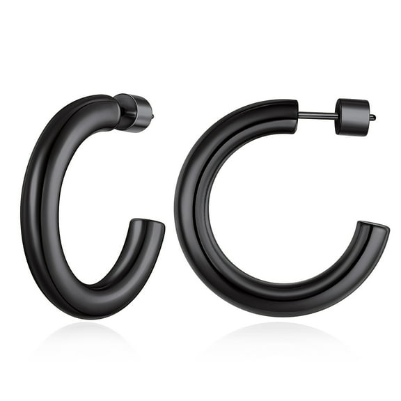 FOCALOOK Black Hoop Earrings for Women Stainless Steel Hypoallergenic Chunky Circle Tube Lightweight Open Huggie Earrings 30mm