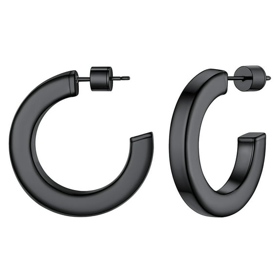 FOCALOOK Black Hoop Earrings for Women Stainless Steel Hypoallergenic Chunky Cube Tube Lightweight Open Huggie Earrings 30mm