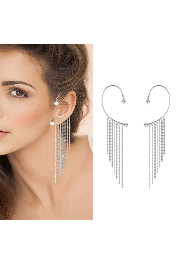 Cartilage Earrings for Women Sparkly Rhinestone Ear Cuffs Long Silver Crystal Tassel Non-Pierced Ear Wraps