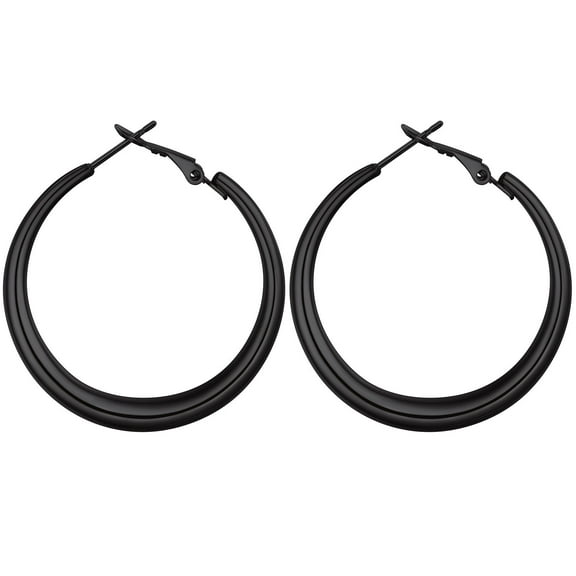FOCALOOK Chunky Black Hoop Earrings for Women 316L Stainless Steel Hypoallergenic 5mm Thick Tube Simple Circle Hoops 40mm
