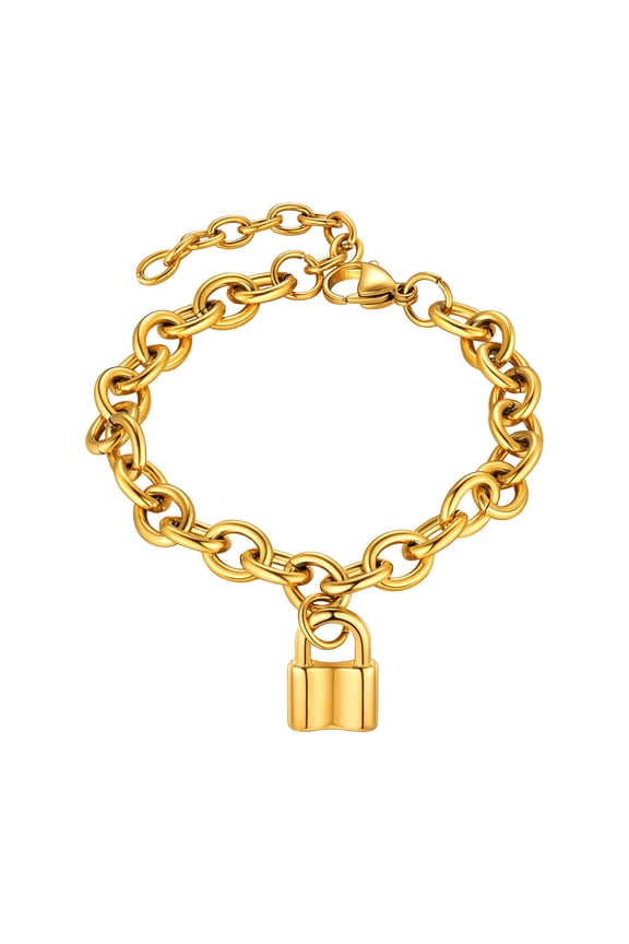 Chunky Chain Bracelet with Lock Charms for Women Men Stainless Steel Padlock Couple Best Friend Friendship Wristband Valentines Day Jewelry Gift Adjustable Gold Plated Bangle