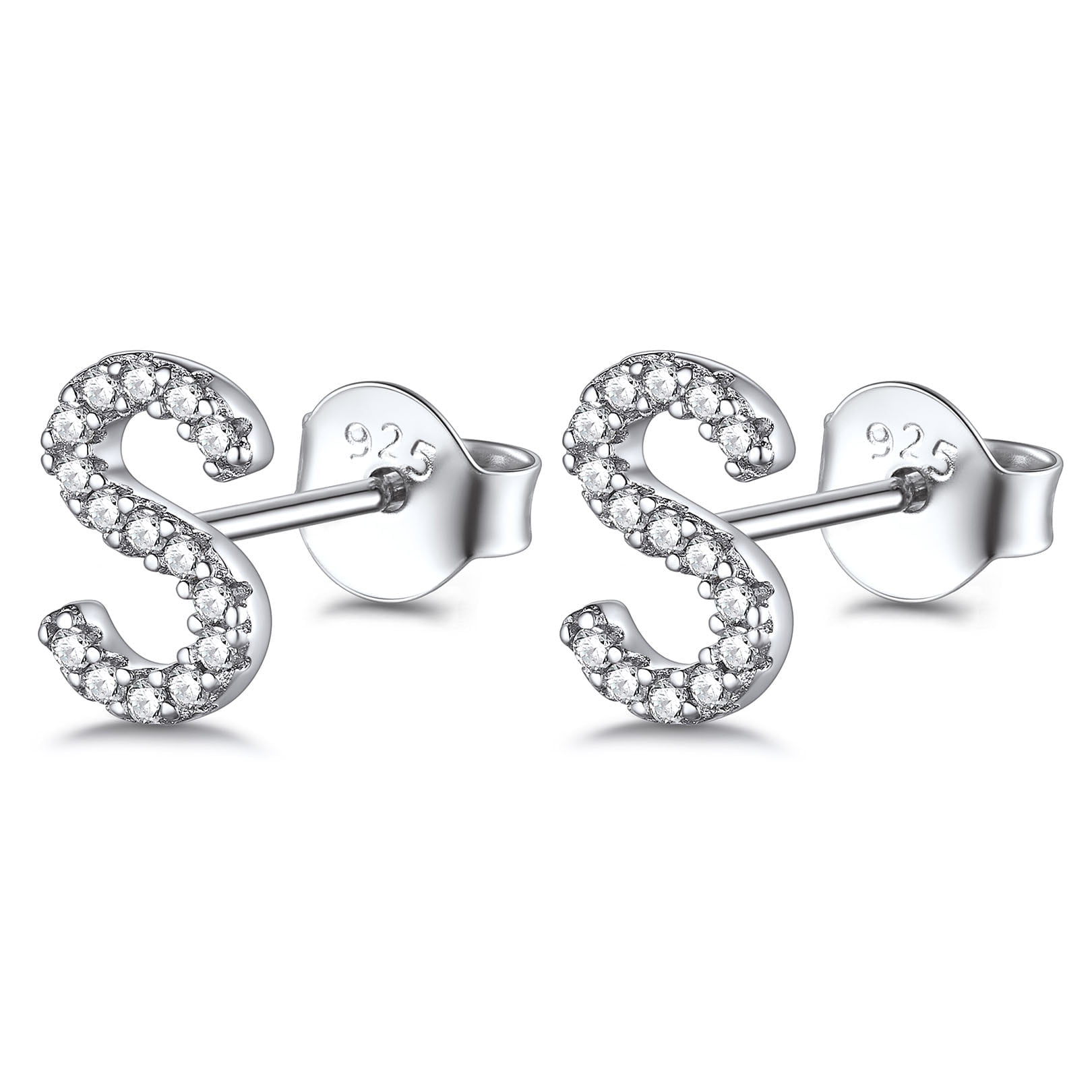 FOCALOOK Crystal Initial Stud Earrings for Women 925 Sterling Silver Hypoallergenic Dainty Tiny Letter S Sparkly Bling Cubic Zirconia Earrings Jewelry Gift