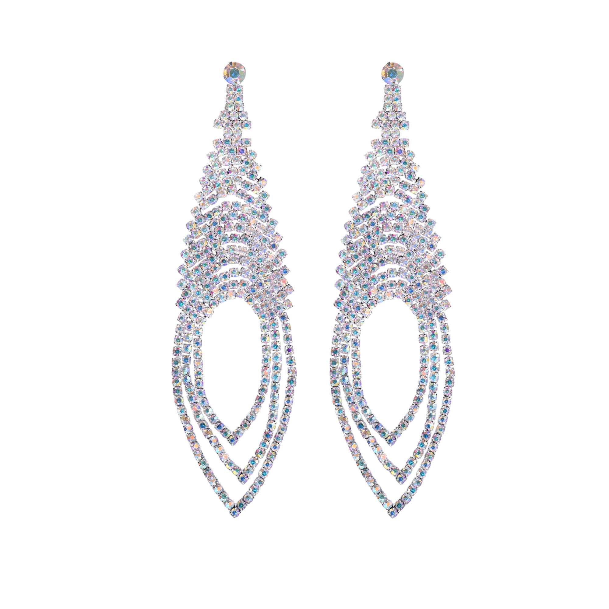 FOCALOOK Rhinestone Drop Earrings Sparkly Tassel Iridescent Earrings  Elegant Prom Bridal Earrings for Women Bikini Competition Jewelry 