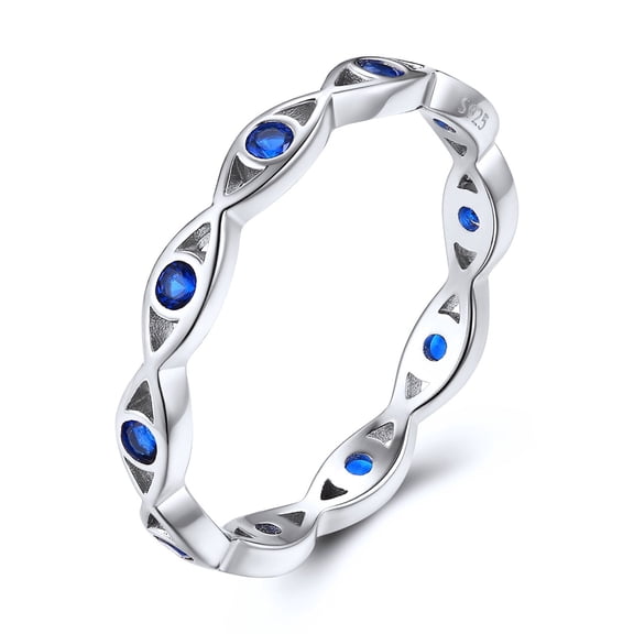 FOCALOOK Evil Eye Ring for Women Sterling Silver Stackable Band Rings with Blue Cubic Zirconia Braided Engagement Promise Statement Ring Size 5