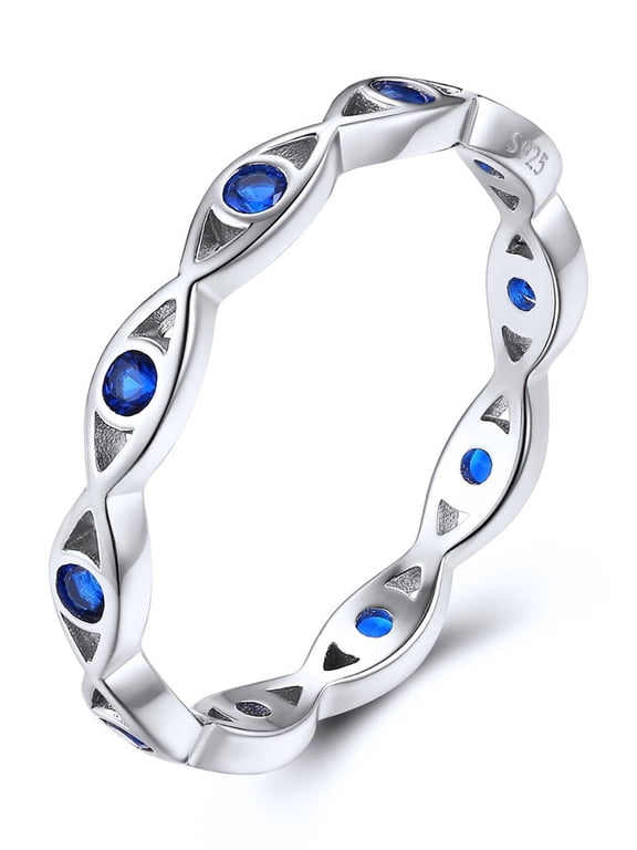 Evil Eye Ring for Women Sterling Silver Stackable Band Rings with Blue Cubic Zirconia Braided Lucky Protection Ring Size 6