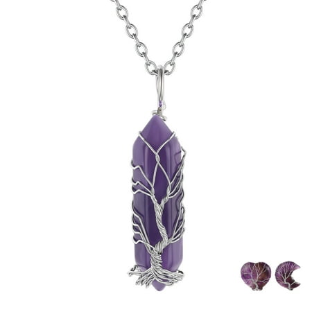 FOCALOOK February Nature Amethyst Birthstone Necklaces for Women Wire Wrapped Tree of Life Necklace Spiritual Reiki Hexagonal Healing Crystal Girlfriend Wife Valentines Day Jewelry Gifts