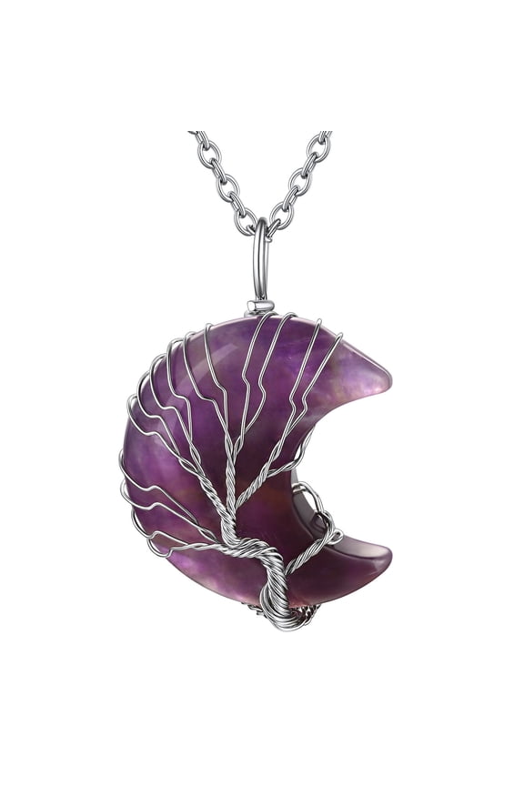 February Nature Amethyst Crescent Moon Birthstone Necklaces for Women Wire Wrapped Tree of Life Necklace Spiritual Reiki Healing Crystal Valentines Day Jewelry Gifts