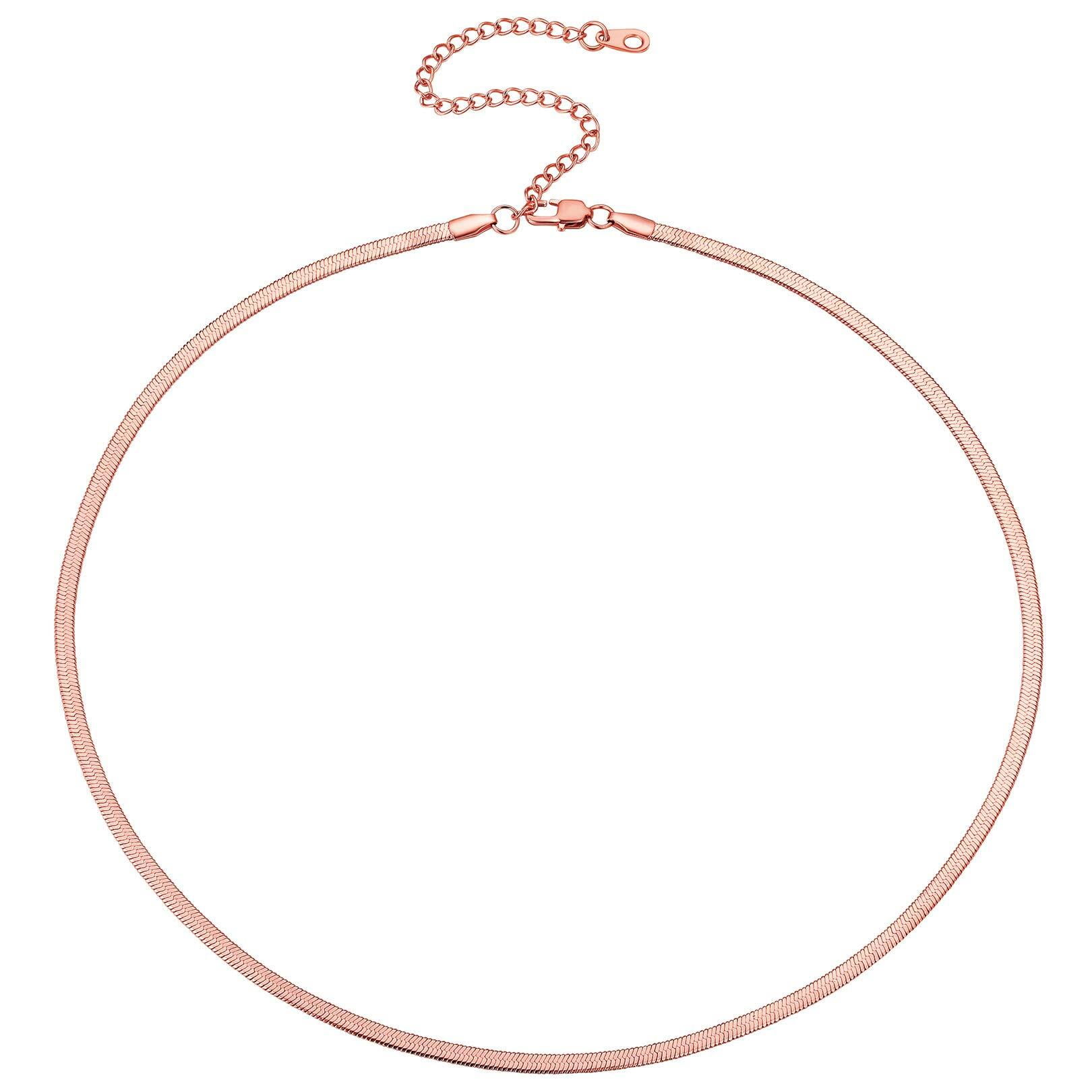 FOCALOOK Flat Snake Chain for Women Stainless Steel Rose Gold Plated Herringbone Choker Necklace Jewelry Birthday Christmas Valentine's Day Gifts 3MM 18 Inches