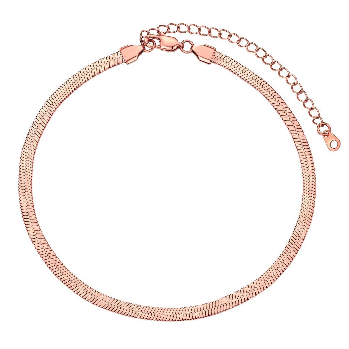 FOCALOOK Flat Snake Chain for Women Stainless Steel Rose Gold Plated Herringbone Choker Necklace Jewelry Girlfriend Birthday Christmas Valentine's Day Gifts 5MM 12 Inches