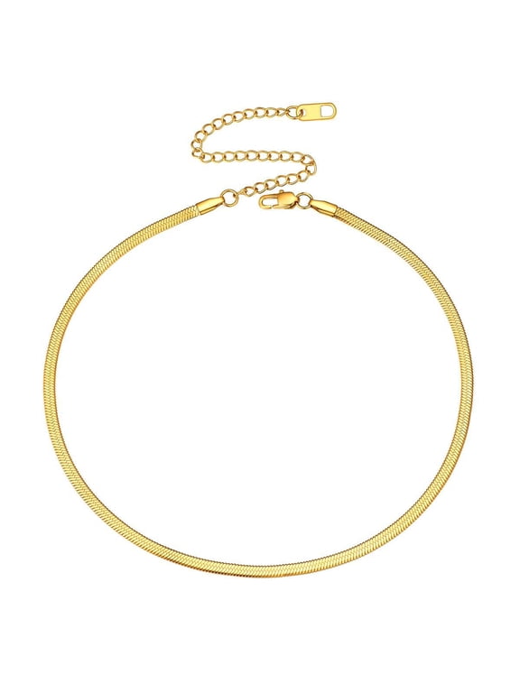 Flat Snake Chain for Women Stainless Steel Gold Plated Herringbone Choker Necklace Jewelry Birthday Christmas Valentine's Day Gifts 3MM 15 Inches