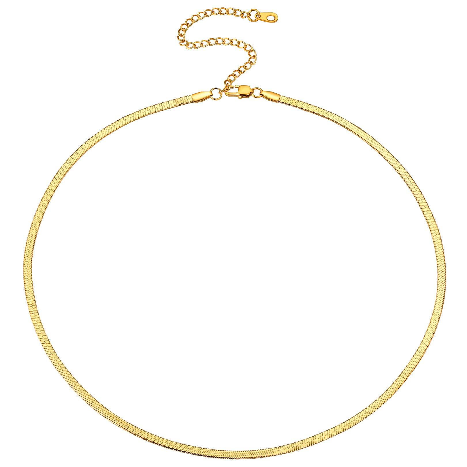 FOCALOOK Flat Snake Chain for Women Stainless Steel Gold Plated Herringbone Choker Necklace Jewelry Birthday Christmas Valentine's Day Gifts 3MM 18 Inches